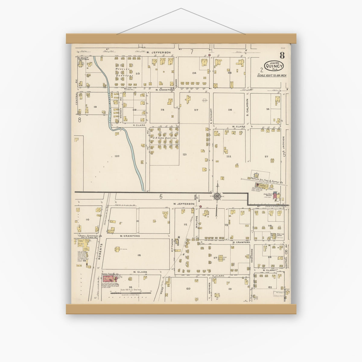 Old map wall art mockup — magnetic wood frame on white wall — Sanborn Fire Insurance Map from Quincy, Gadsden County, Florida (1922), Sheet #0008