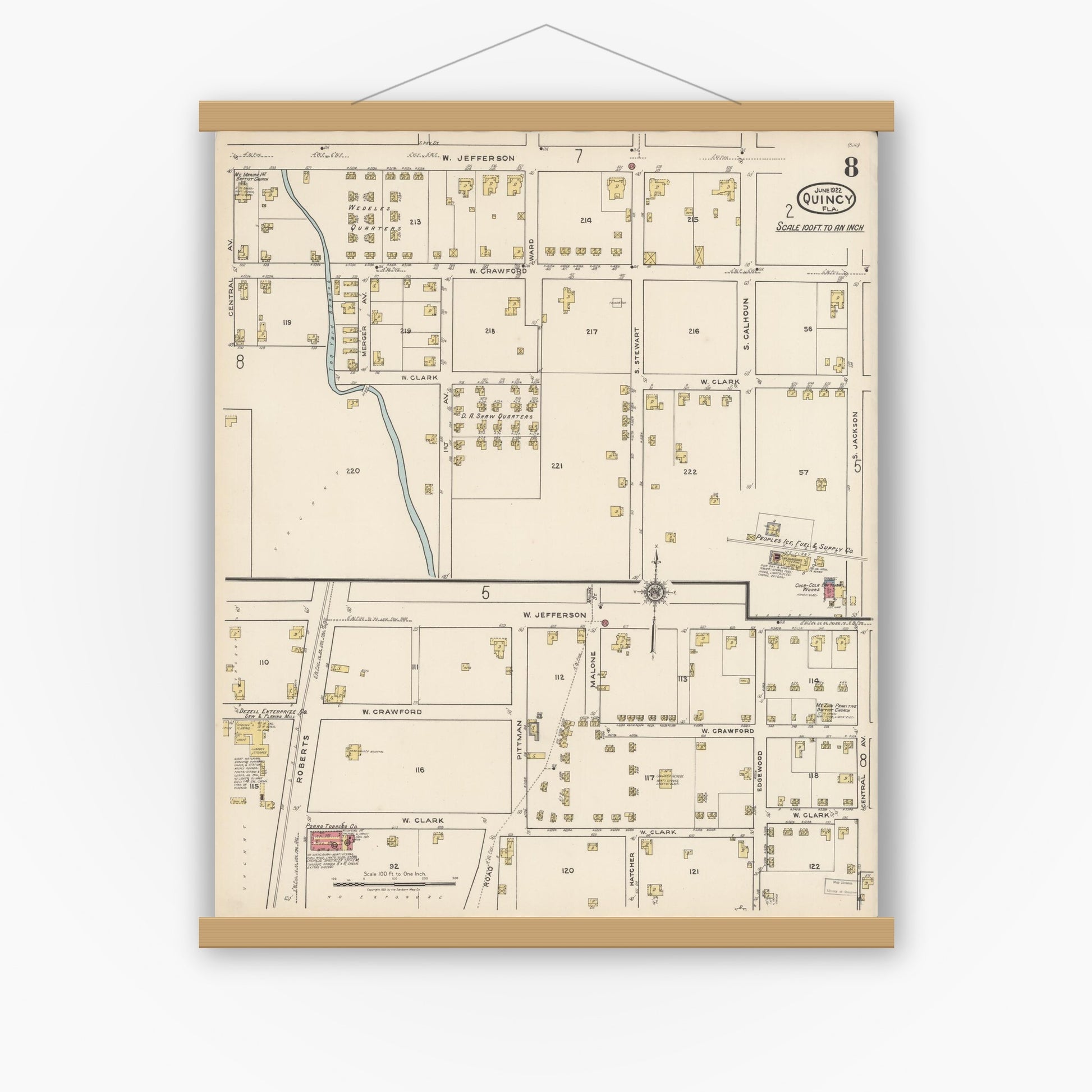 Old map wall art mockup — magnetic wood frame on white wall — Sanborn Fire Insurance Map from Quincy, Gadsden County, Florida (1922), Sheet #0008