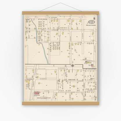 Old map wall art mockup — magnetic wood frame on white wall — Sanborn Fire Insurance Map from Quincy, Gadsden County, Florida (1922), Sheet #0008