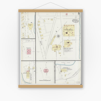 Old map wall art mockup — magnetic wood frame on white wall — Sanborn Fire Insurance Map from Aurora, Dearborn County, Indiana (1887), Sheet #0005
