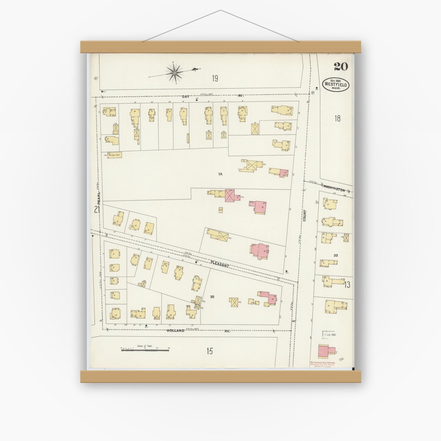 Old map wall art mockup — magnetic wood frame on white wall — Sanborn Fire Insurance Map from Westfield, Hampden County, Massachusetts (1905), Sheet #0020