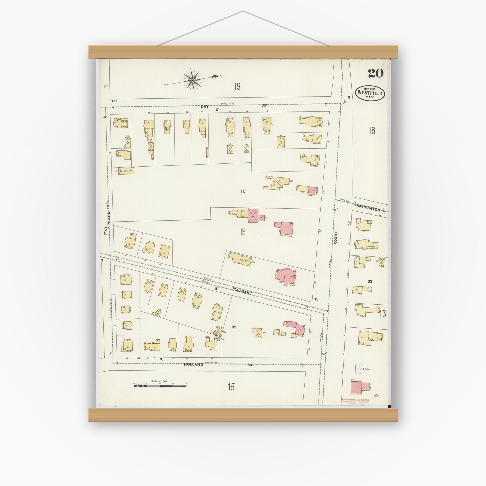 Old map wall art mockup — magnetic wood frame on white wall — Sanborn Fire Insurance Map from Westfield, Hampden County, Massachusetts (1905), Sheet #0020