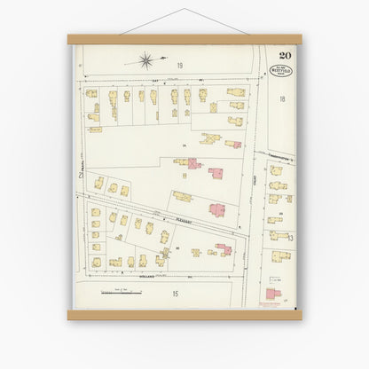 Old map wall art mockup — magnetic wood frame on white wall — Sanborn Fire Insurance Map from Westfield, Hampden County, Massachusetts (1905), Sheet #0020