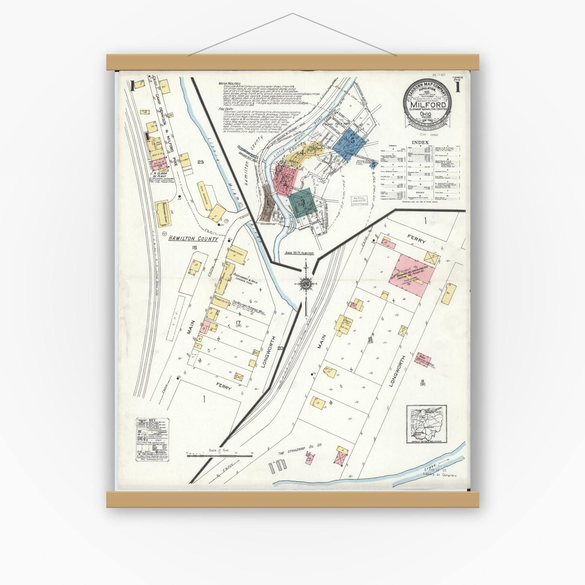 Old map wall art mockup — magnetic wood frame on white wall — Sanborn Fire Insurance Map from Milford, Clermont And Hamilton County, Ohio (1925) - Complete Map Set