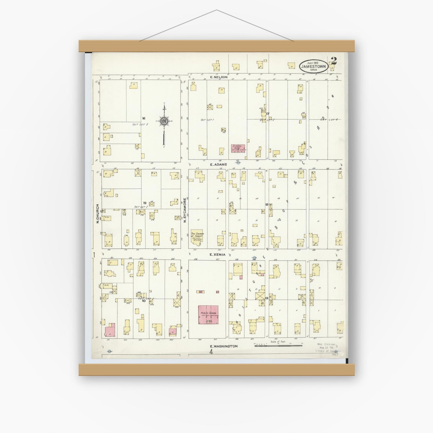 Old map wall art mockup — magnetic wood frame on white wall — Sanborn Fire Insurance Map from Jamestown, Greene County, Ohio (1910), Sheet #0002