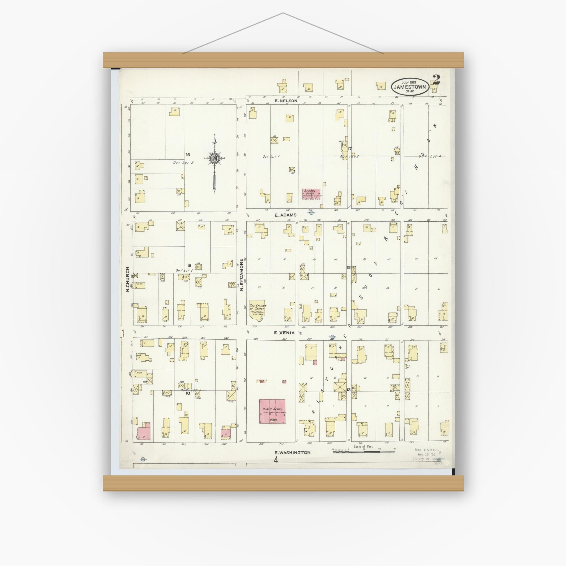 Old map wall art mockup — magnetic wood frame on white wall — Sanborn Fire Insurance Map from Jamestown, Greene County, Ohio (1910), Sheet #0002