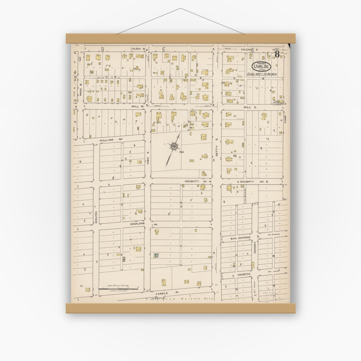 Old map wall art mockup — magnetic wood frame on white wall — Sanborn Fire Insurance Map from Uvalde, Uvalde County, Texas (1922), Sheet #0008