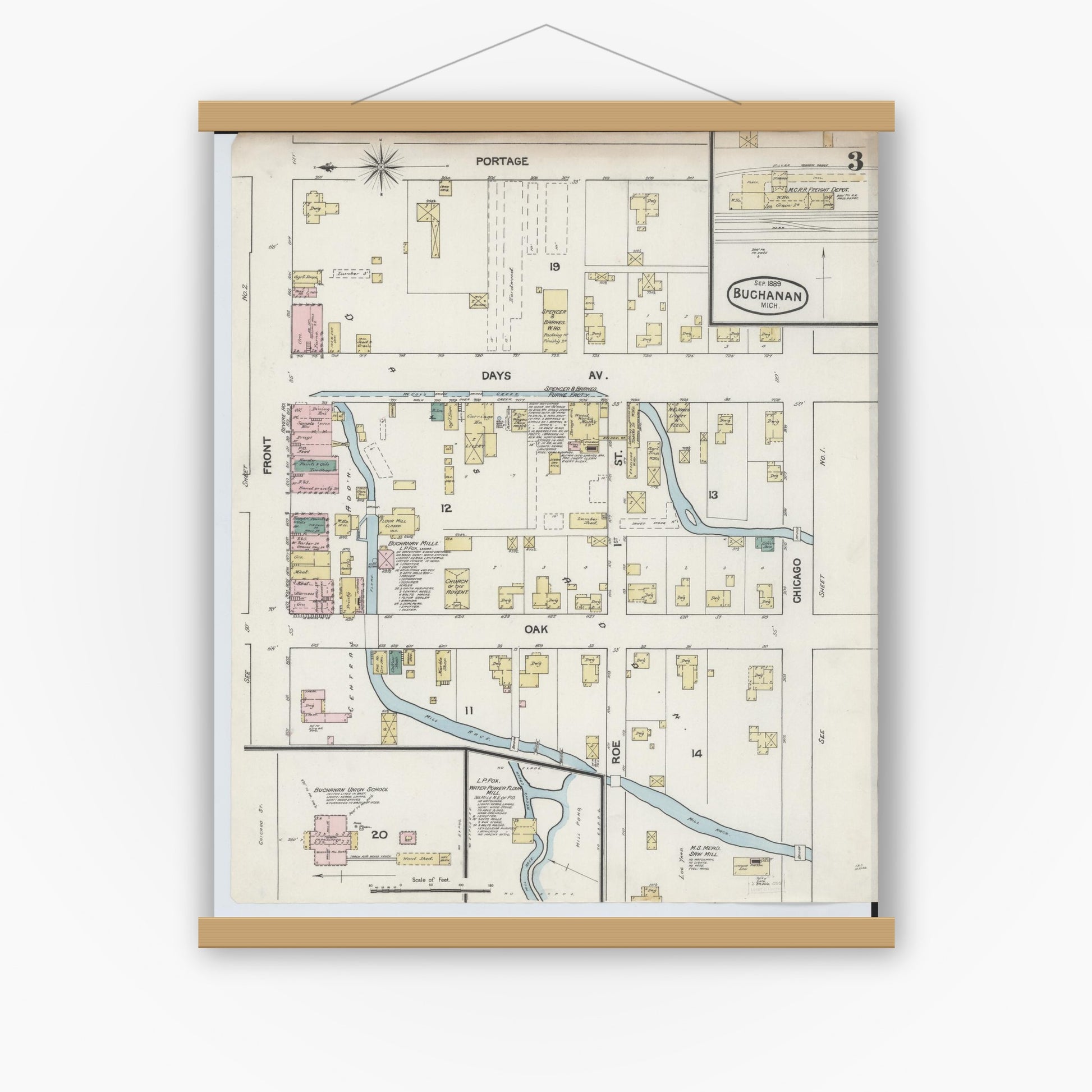 Old map wall art mockup — magnetic wood frame on white wall — Sanborn Fire Insurance Map from Buchanan, Berrien County, Michigan (1889), Sheet #0003