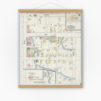 Old map wall art mockup — magnetic wood frame on white wall — Sanborn Fire Insurance Map from Buchanan, Berrien County, Michigan (1889), Sheet #0003