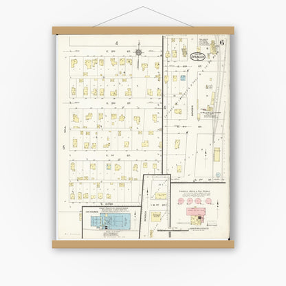 Old map wall art mockup — magnetic wood frame on white wall — Sanborn Fire Insurance Map from Spencer, Clay County, Iowa (1915), Sheet #0006