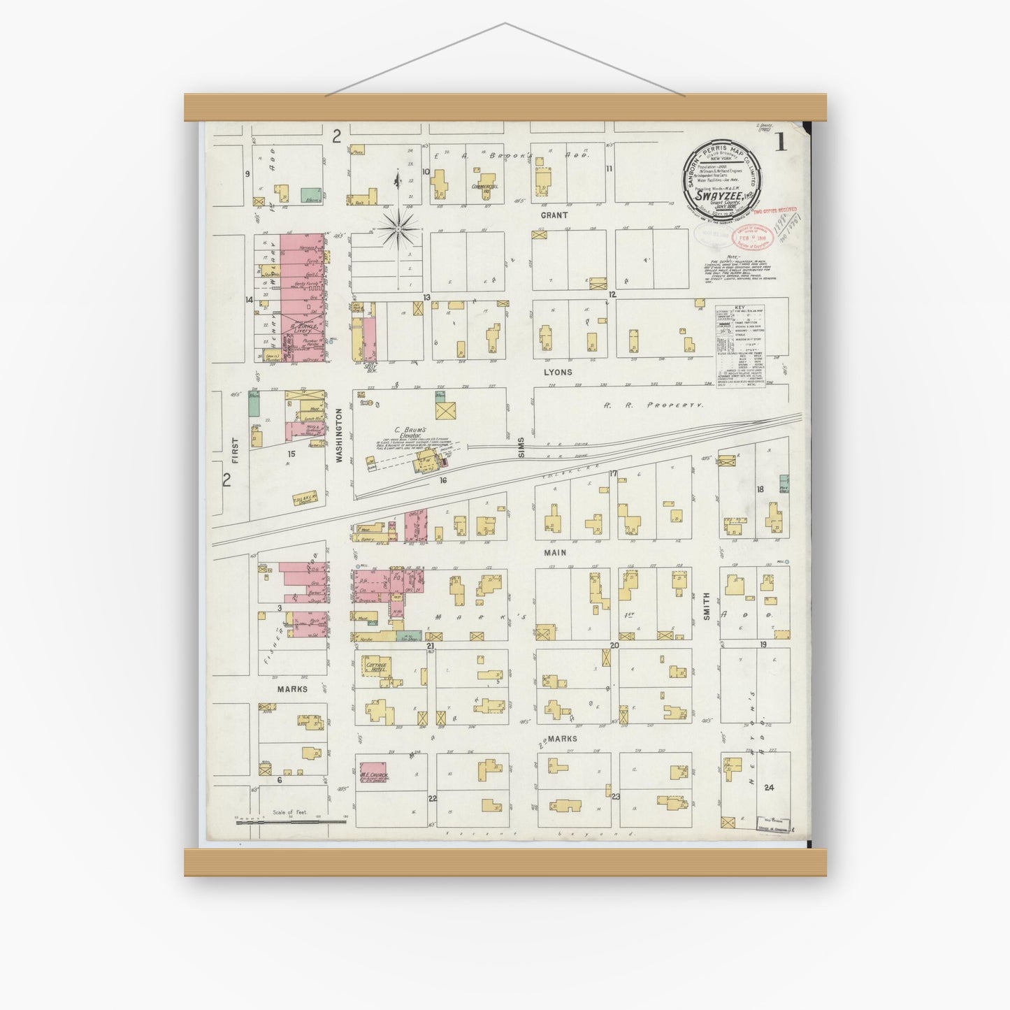Old map wall art mockup — magnetic wood frame on white wall — Sanborn Fire Insurance Map from Swayzee, Grant County, Indiana (1898) - Complete Map Set