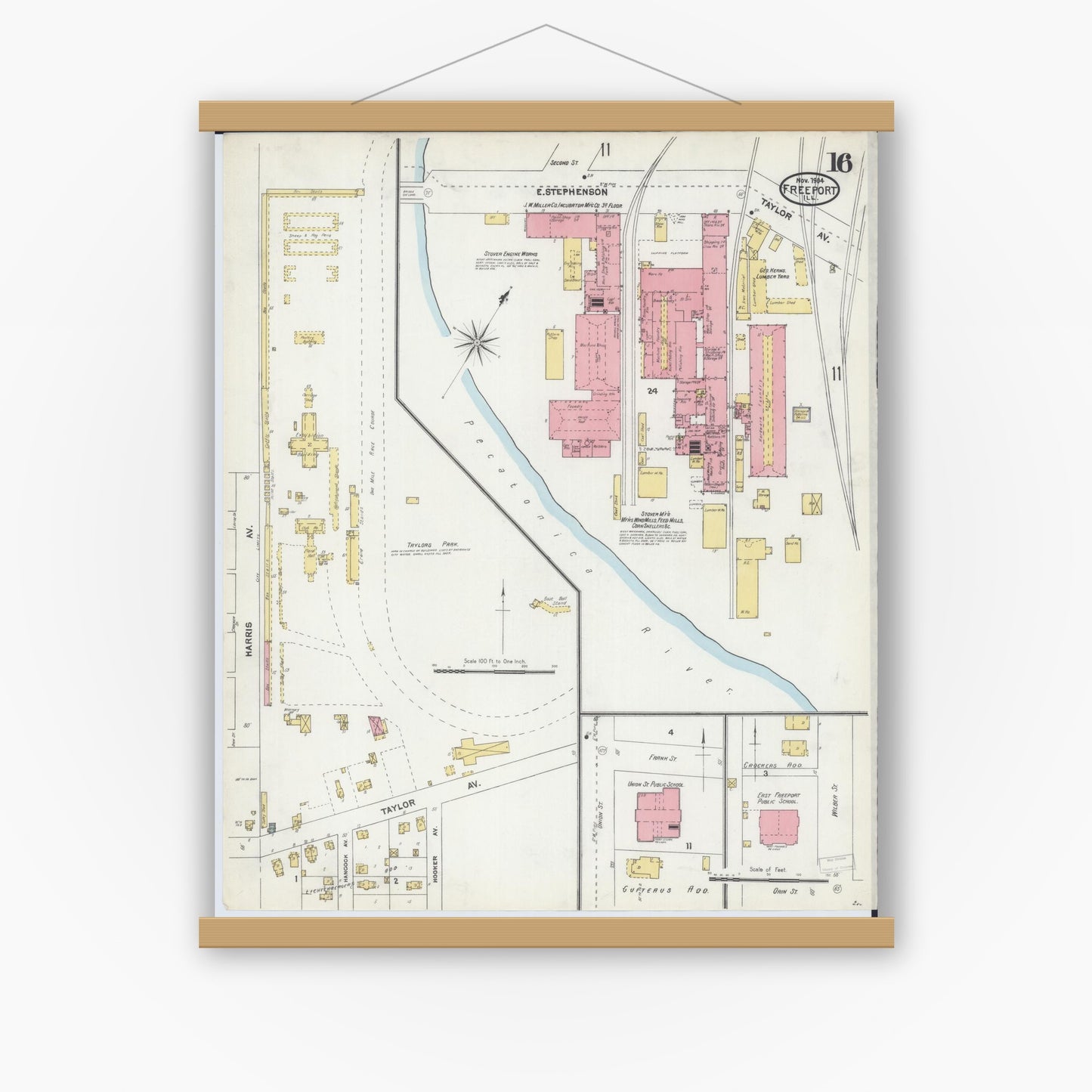 Old map wall art mockup — magnetic wood frame on white wall — Sanborn Fire Insurance Map from Freeport, Stephenson County, Illinois (1904), Sheet #0016