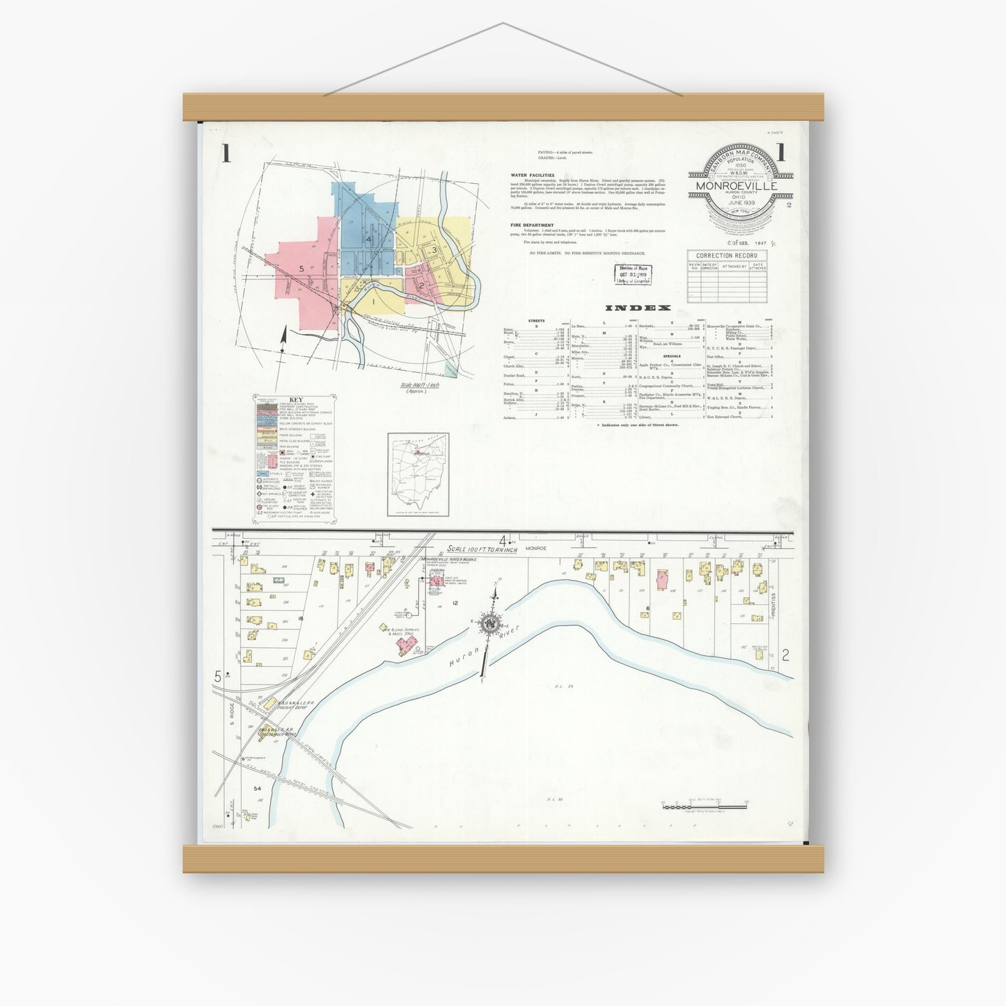 Old map wall art mockup — magnetic wood frame on white wall — Sanborn Fire Insurance Map from Monroeville, Huron County, Ohio (1939) - Complete Map Set