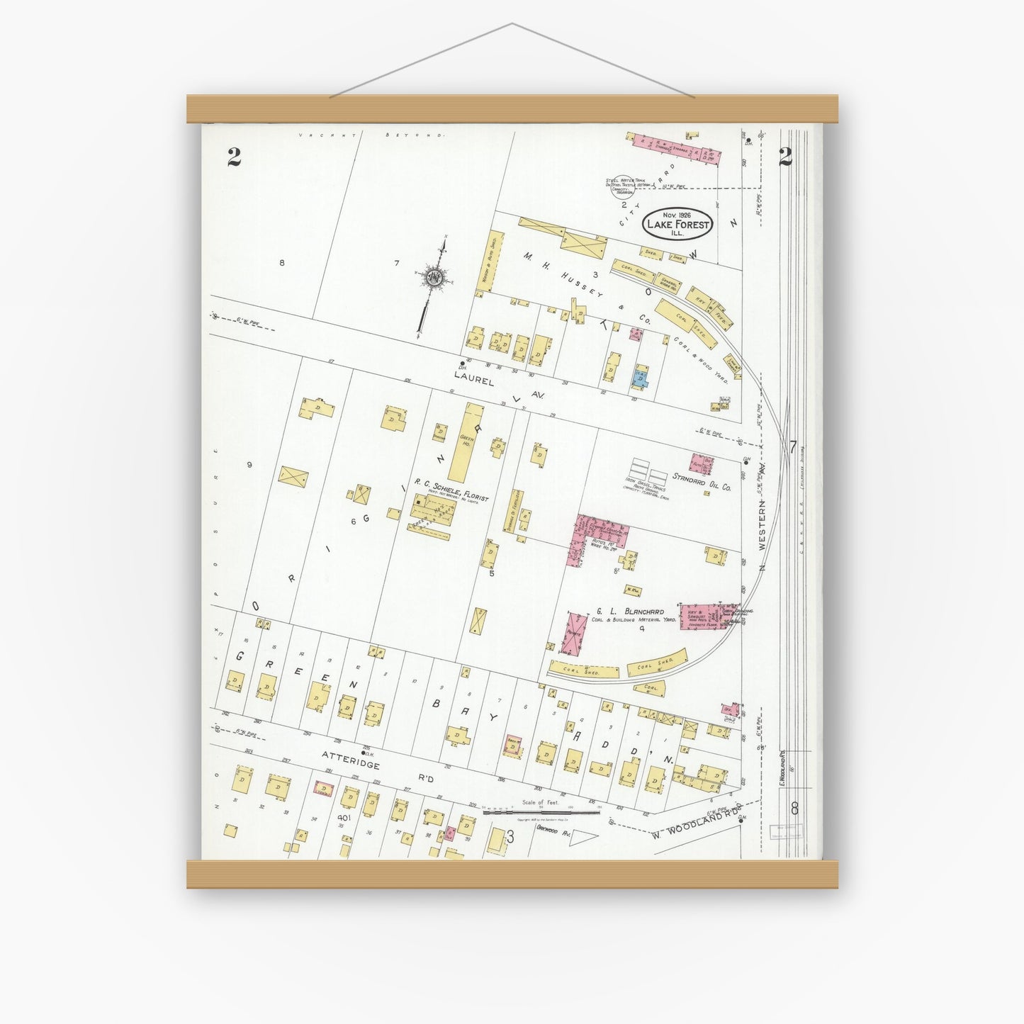 Old map wall art mockup — magnetic wood frame on white wall — Sanborn Fire Insurance Map from Lake Forest, Lake County, Illinois (1926), Sheet #0002
