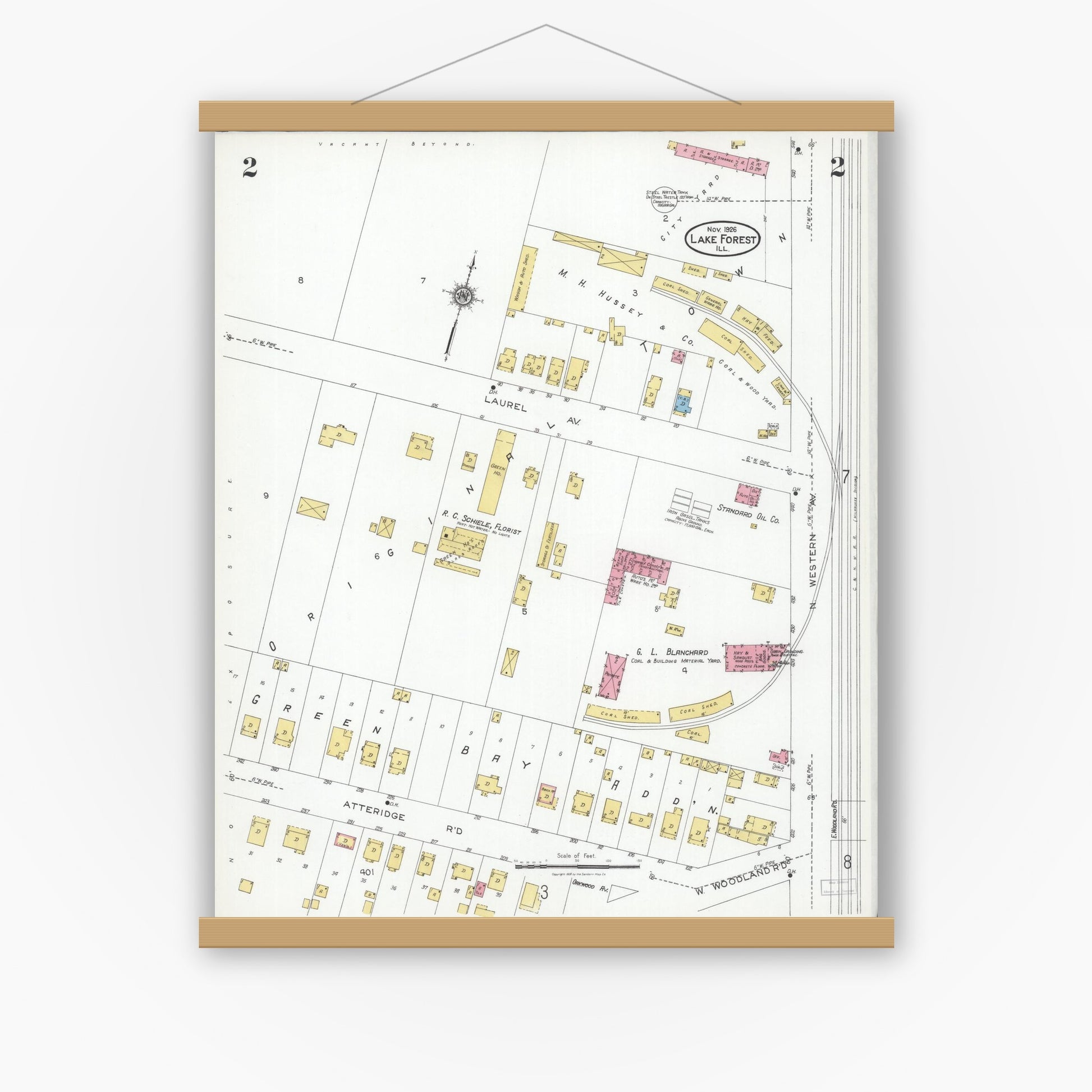 Old map wall art mockup — magnetic wood frame on white wall — Sanborn Fire Insurance Map from Lake Forest, Lake County, Illinois (1926), Sheet #0002