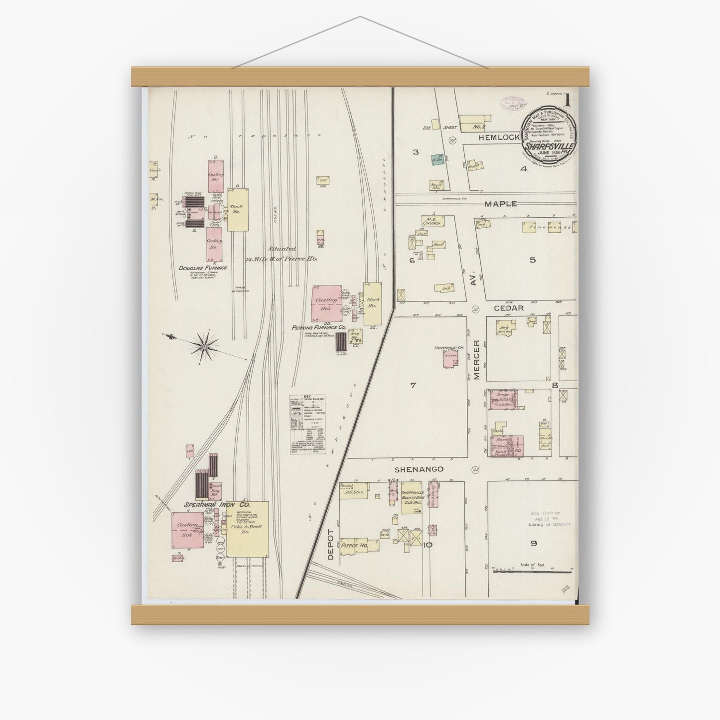 Old map wall art mockup — magnetic wood frame on white wall — Sanborn Fire Insurance Map from Sharpsville, Mercer County, Pennsylvania (1886), Sheet #0001