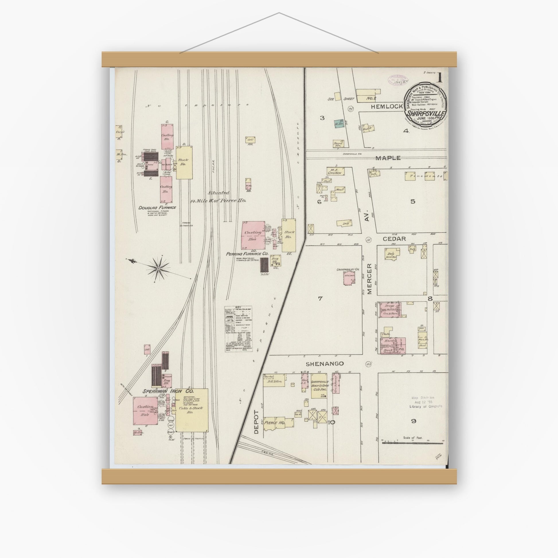 Old map wall art mockup — magnetic wood frame on white wall — Sanborn Fire Insurance Map from Sharpsville, Mercer County, Pennsylvania (1886), Sheet #0001