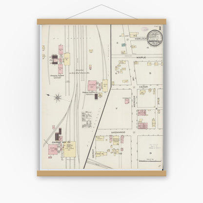 Old map wall art mockup — magnetic wood frame on white wall — Sanborn Fire Insurance Map from Sharpsville, Mercer County, Pennsylvania (1886), Sheet #0001