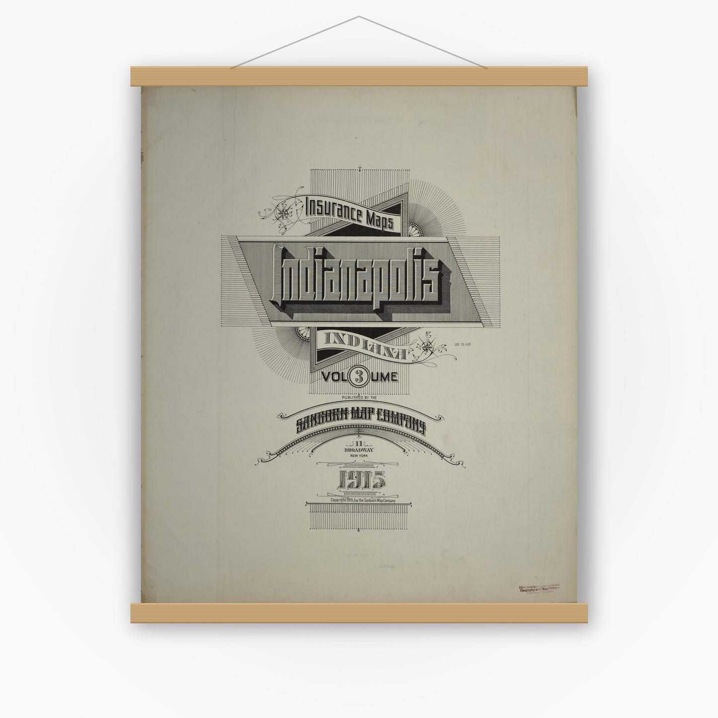 Old map wall art mockup — magnetic wood frame on white wall — Sanborn Fire Insurance Map from Indianapolis, Marion County, Indiana (1915), Sheet #0001