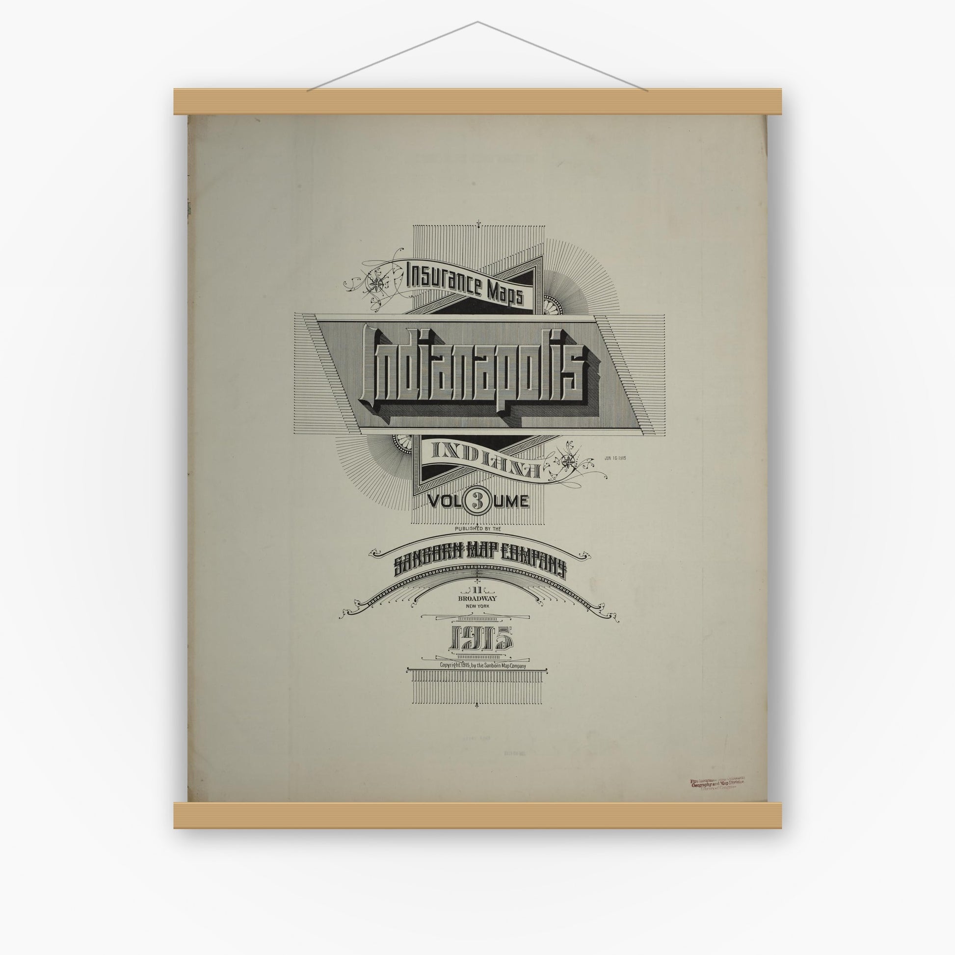 Old map wall art mockup — magnetic wood frame on white wall — Sanborn Fire Insurance Map from Indianapolis, Marion County, Indiana (1915), Sheet #0001