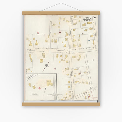 Old map wall art mockup — magnetic wood frame on white wall — Sanborn Fire Insurance Map from Holliston, Middlesex County, Massachusetts (1942), Sheet #0007