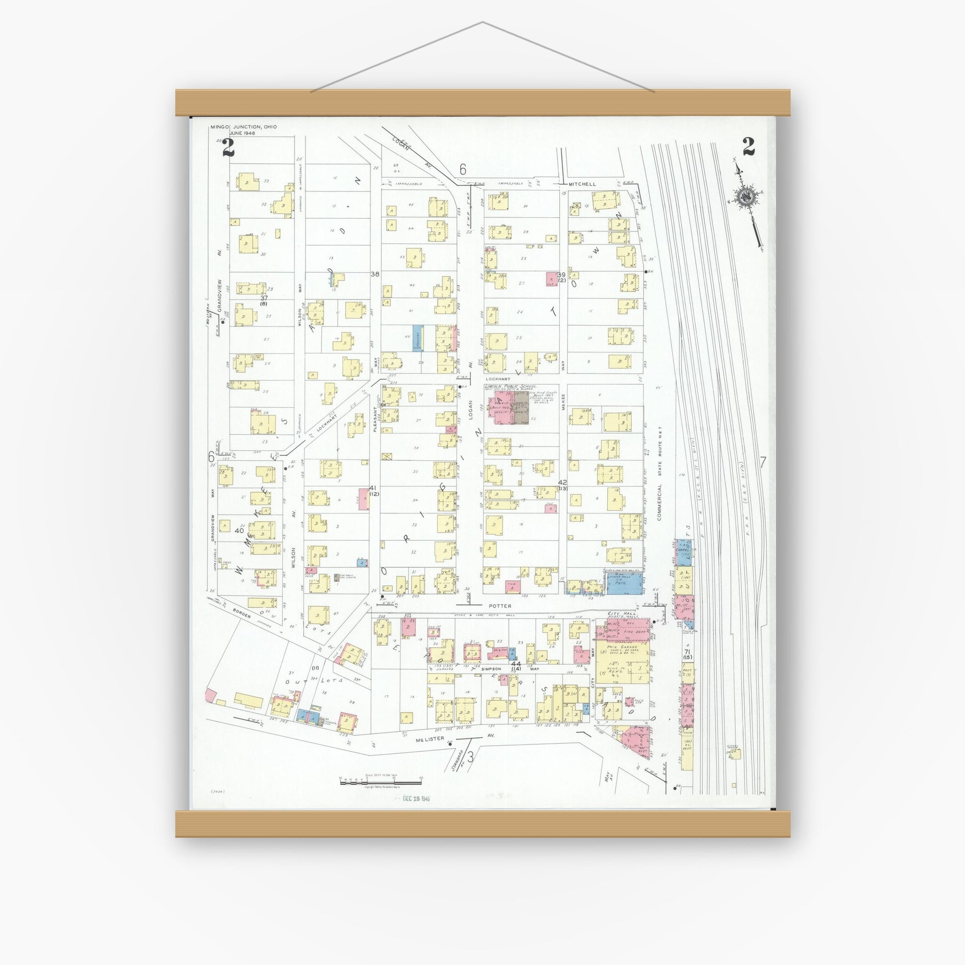 Old map wall art mockup — magnetic wood frame on white wall — Sanborn Fire Insurance Map from Mingo Junction, Jefferson County, Ohio (1946), Sheet #0002