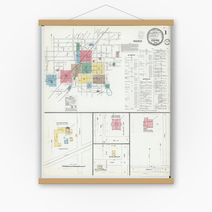Old map wall art mockup — magnetic wood frame on white wall — Sanborn Fire Insurance Map from Urbana, Champaign County, Ohio (1901), Sheet #0001