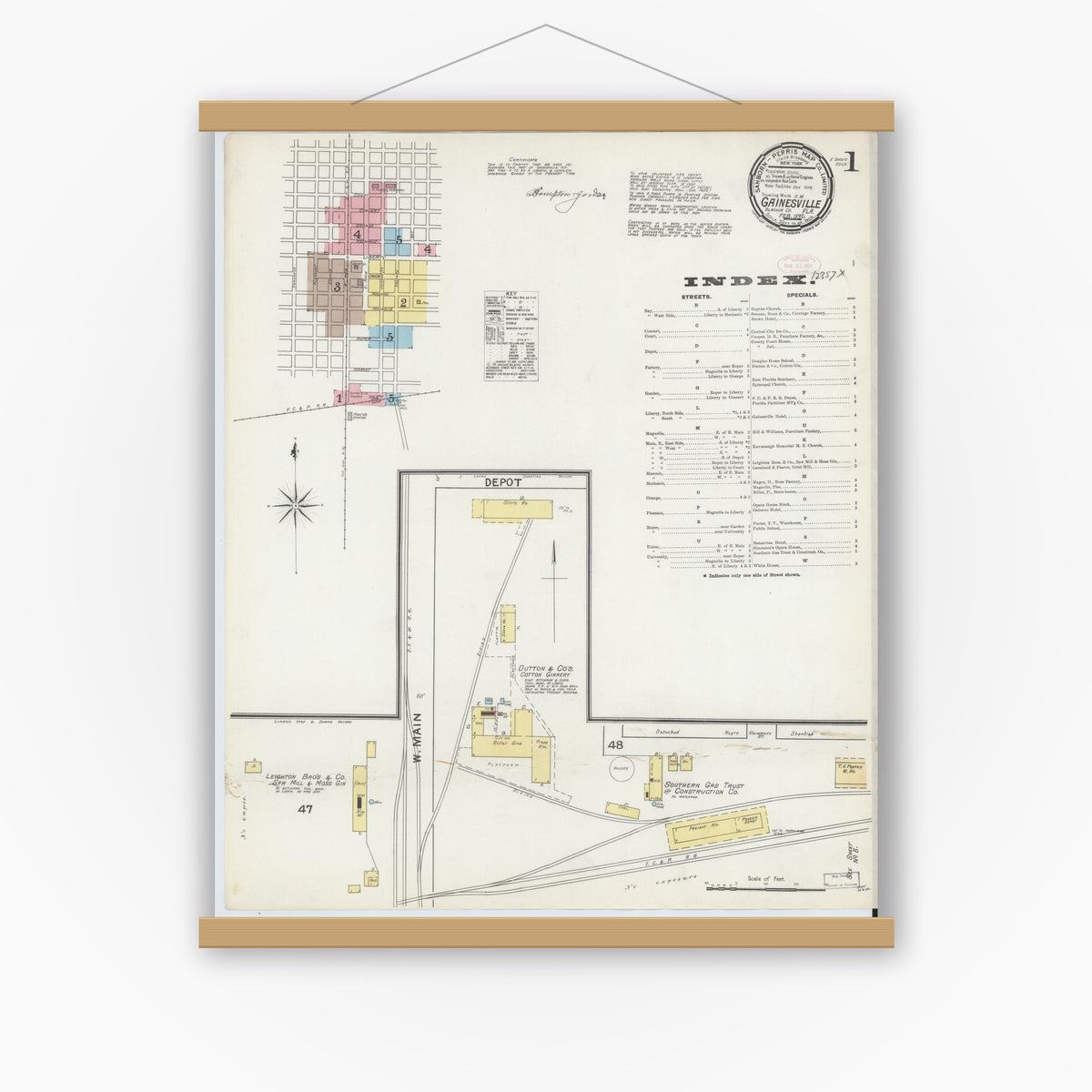 Old map wall art mockup — magnetic wood frame on white wall — Sanborn Fire Insurance Map from Gainesville, Alachua County, Florida (1892), Sheet #0001