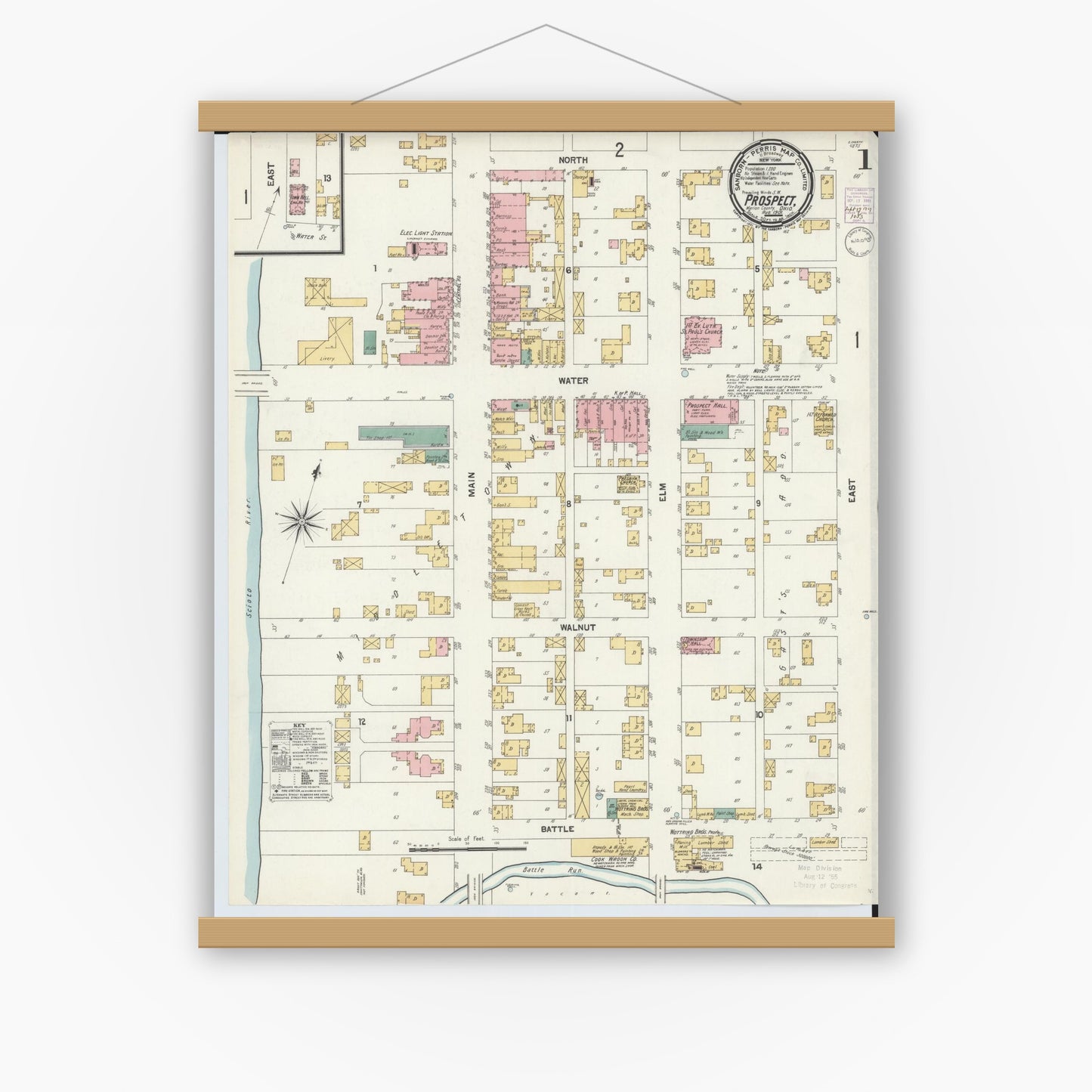 Old map wall art mockup — magnetic wood frame on white wall — Sanborn Fire Insurance Map from Prospect, Marion County, Ohio (1901) - Complete Map Set