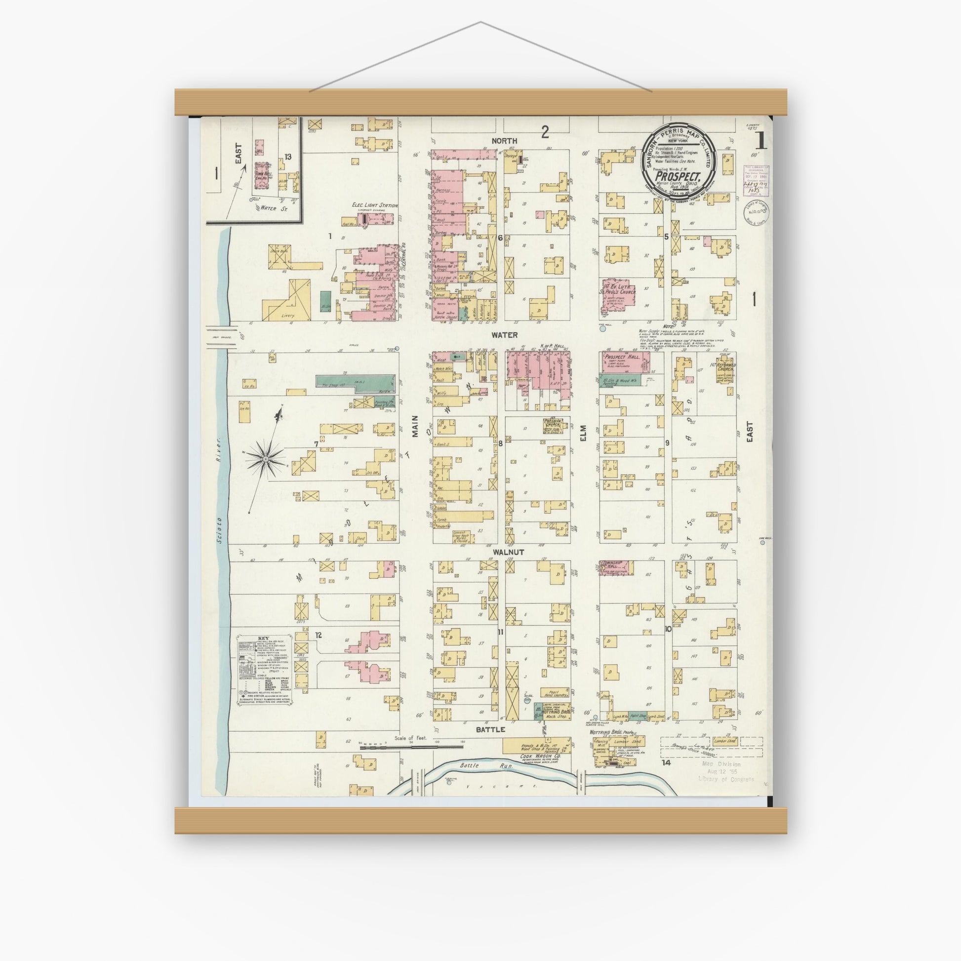 Old map wall art mockup — magnetic wood frame on white wall — Sanborn Fire Insurance Map from Prospect, Marion County, Ohio (1901) - Complete Map Set