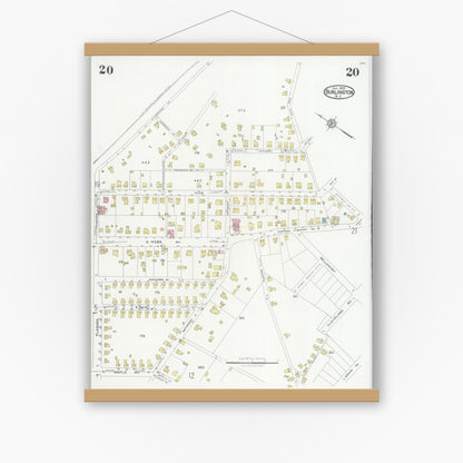 Old map wall art mockup — magnetic wood frame on white wall — Sanborn Fire Insurance Map from Burlington, Alamance County, North Carolina (1929), Sheet #0020