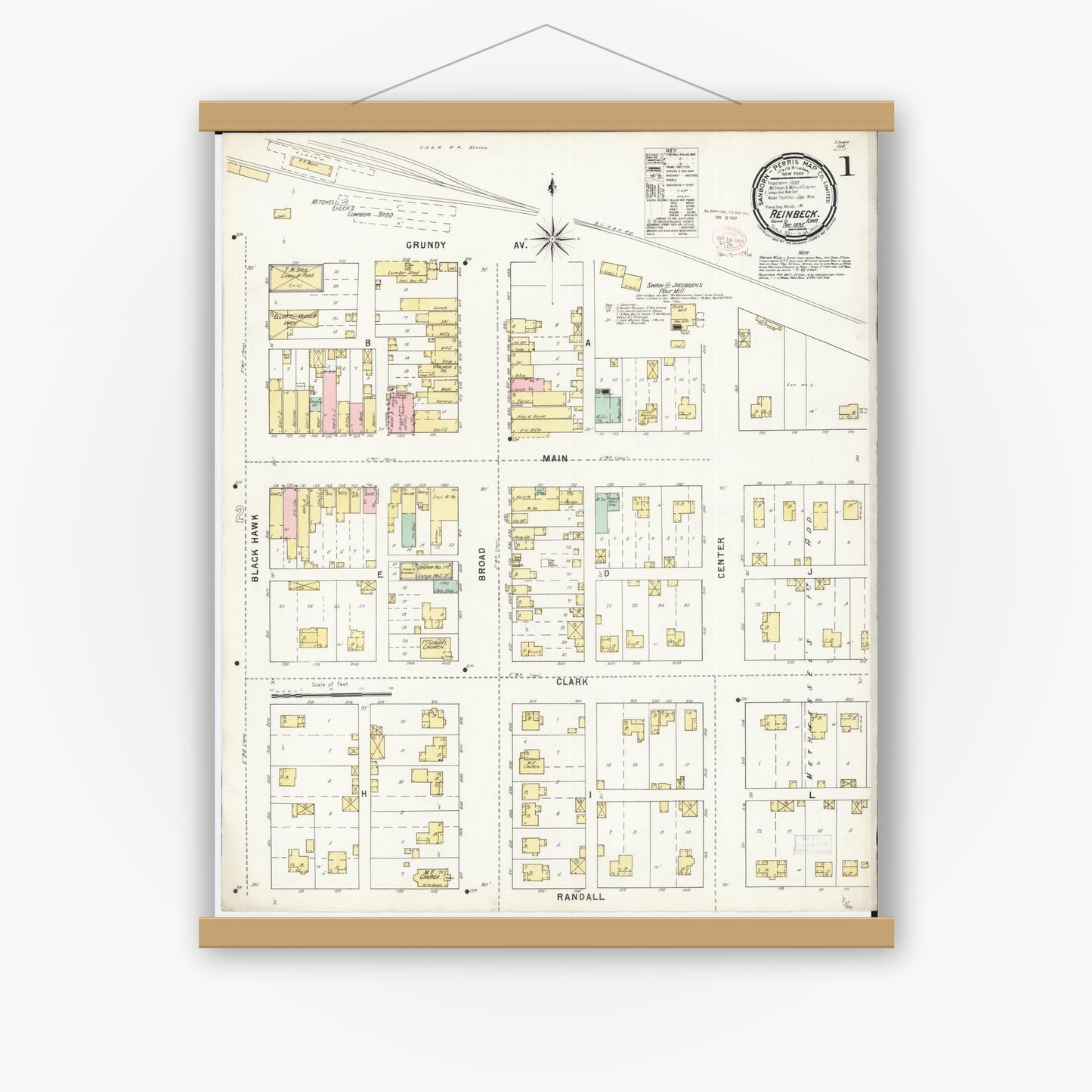 Old map wall art mockup — magnetic wood frame on white wall — Sanborn Fire Insurance Map from Reinbeck, Grundy County, Iowa (1895) â€” Complete Set