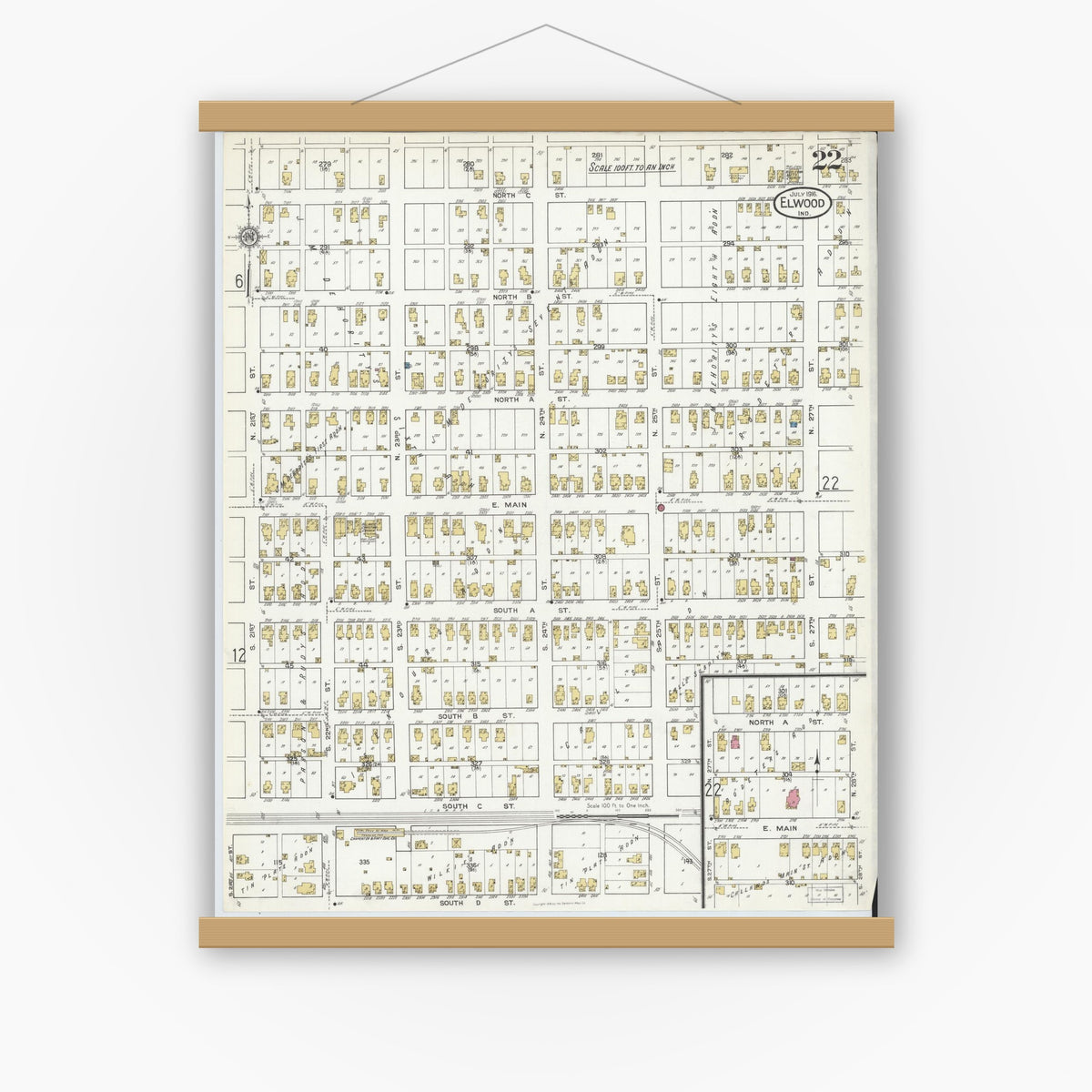 Old map wall art mockup — magnetic wood frame on white wall — Sanborn Fire Insurance Map from Elwood, Madison County, Indiana (1916), Sheet #0022