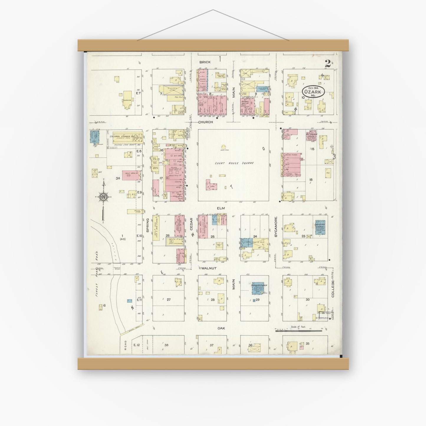 Old map wall art mockup — magnetic wood frame on white wall — Sanborn Fire Insurance Map from Ozark, Christian County, Missouri (1914), Sheet #0002