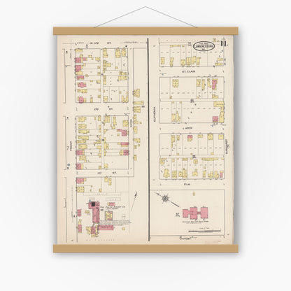Old map wall art mockup — magnetic wood frame on white wall — Sanborn Fire Insurance Map from Lawrenceburg, Dearborn County, Indiana (1922), Sheet #0011