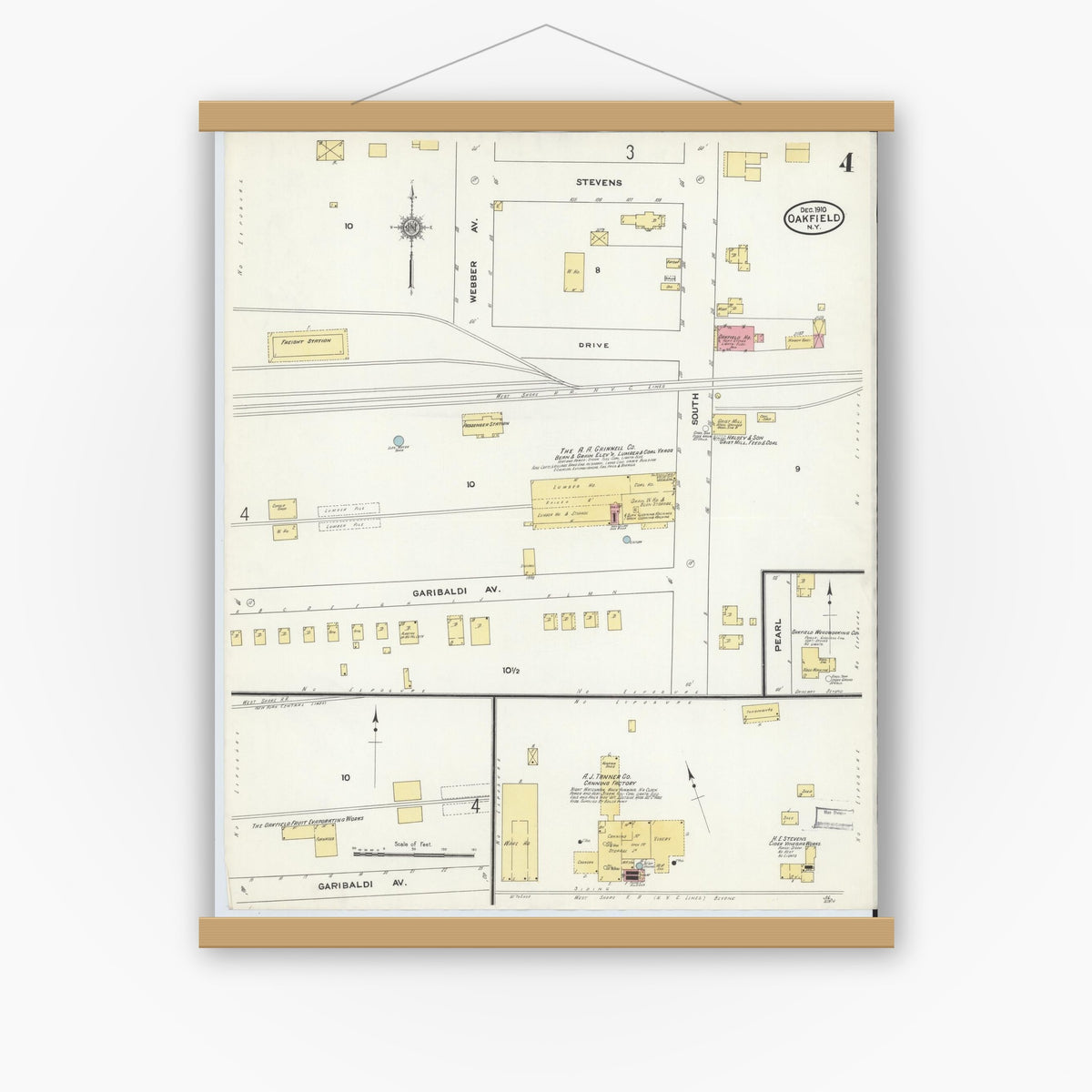 Old map wall art mockup — magnetic wood frame on white wall — Sanborn Fire Insurance Map from Oakfield, Genesee County, New York (1910), Sheet #0004