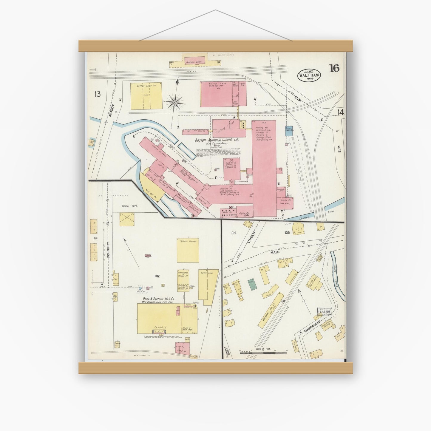 Old map wall art mockup — magnetic wood frame on white wall — Sanborn Fire Insurance Map from Waltham, Middlesex County, Massachusetts (1903), Sheet #0016
