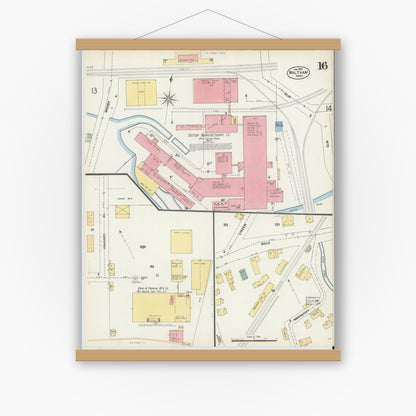 Old map wall art mockup — magnetic wood frame on white wall — Sanborn Fire Insurance Map from Waltham, Middlesex County, Massachusetts (1903), Sheet #0016