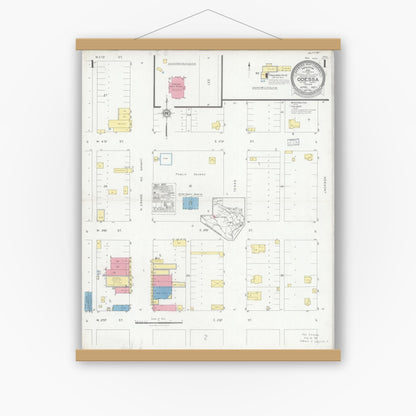 Old map wall art mockup — magnetic wood frame on white wall — Sanborn Fire Insurance Map from Odessa, Edger County, Texas (1927), Sheet #0001