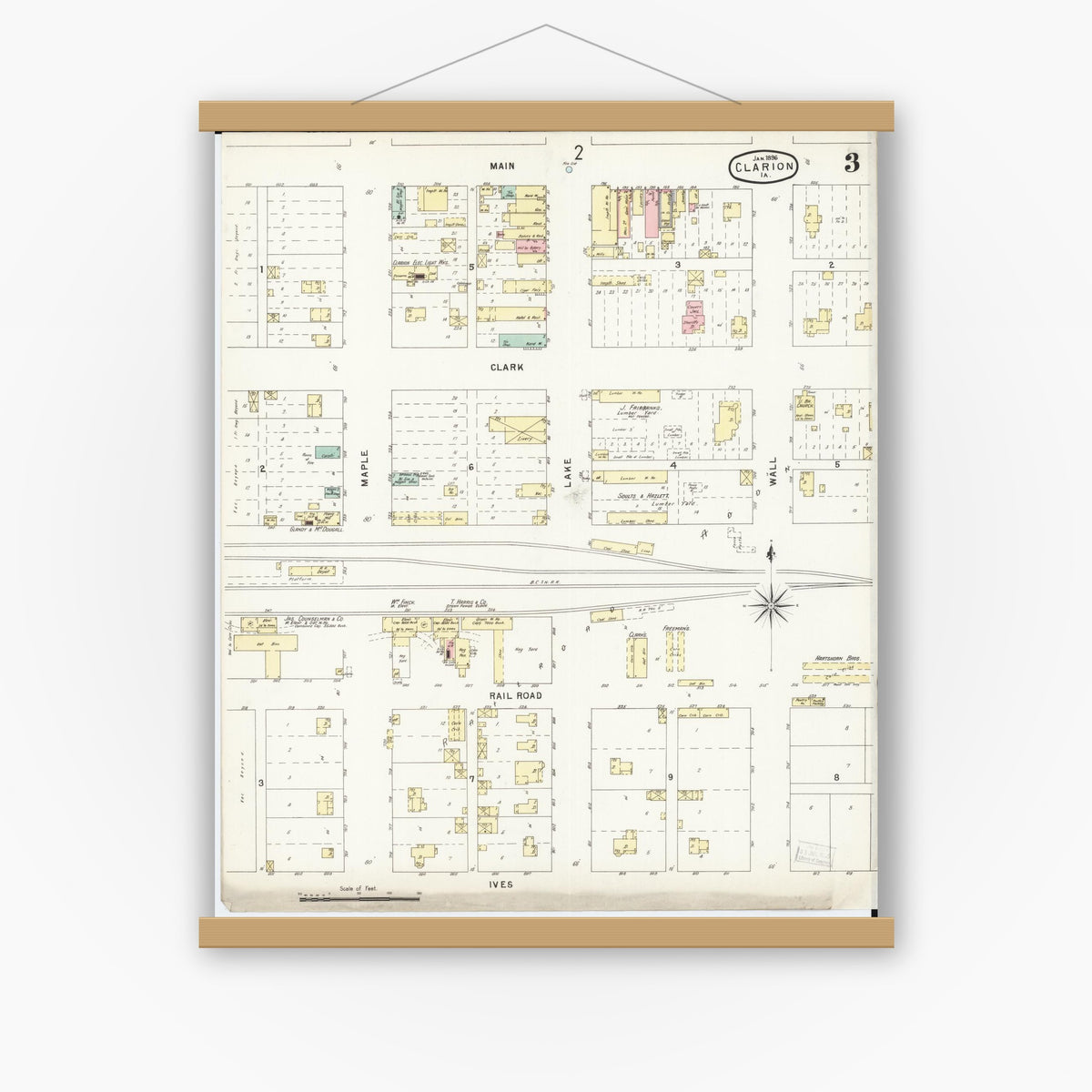 Old map wall art mockup — magnetic wood frame on white wall — Sanborn Fire Insurance Map from Clarion, Wright County, Iowa (1896), Sheet #0003