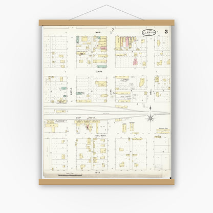 Old map wall art mockup — magnetic wood frame on white wall — Sanborn Fire Insurance Map from Clarion, Wright County, Iowa (1896), Sheet #0003