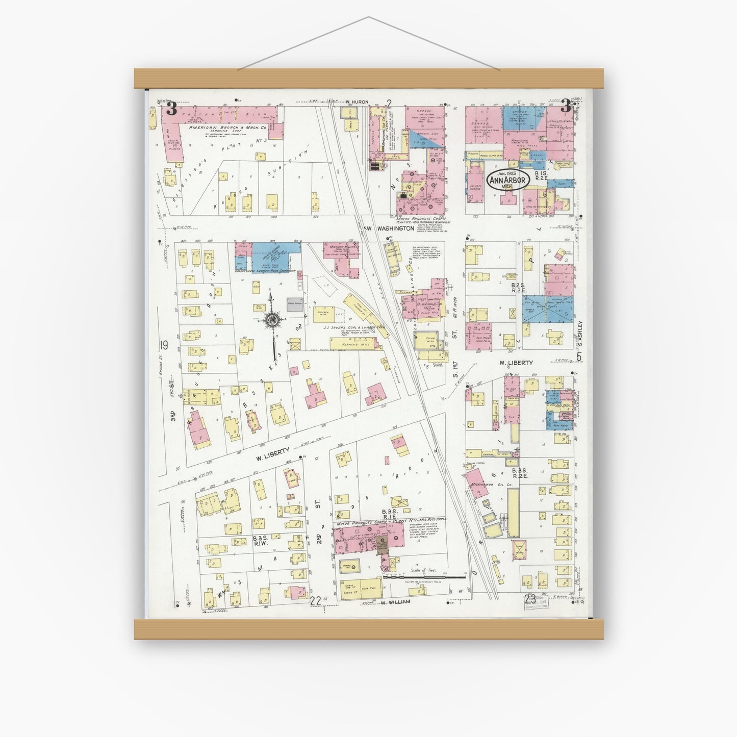 Old map wall art mockup — magnetic wood frame on white wall — Sanborn Fire Insurance Map from Ann Arbor, Washtenaw County, Michigan (1925), Sheet #0003