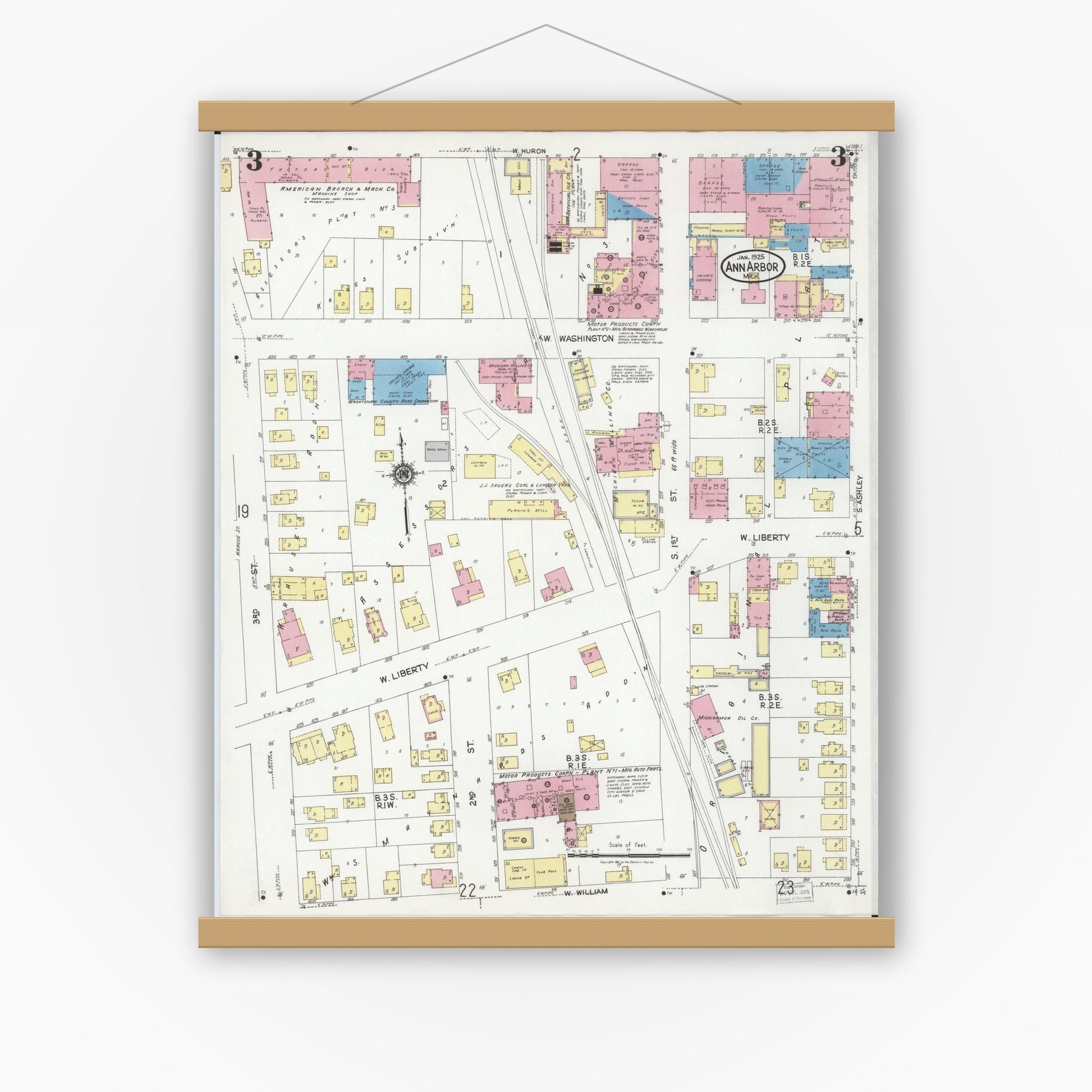 Old map wall art mockup — magnetic wood frame on white wall — Sanborn Fire Insurance Map from Ann Arbor, Washtenaw County, Michigan (1925), Sheet #0003