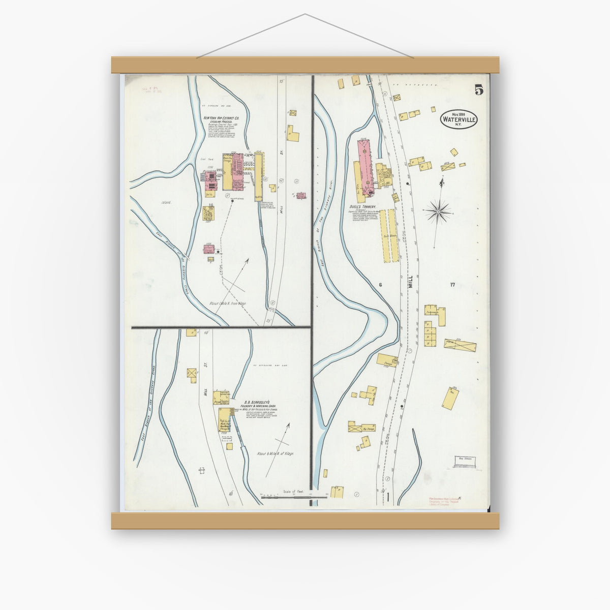 Old map wall art mockup — magnetic wood frame on white wall — Sanborn Fire Insurance Map from Waterville, Oneida County, New York (1899), Sheet #0005