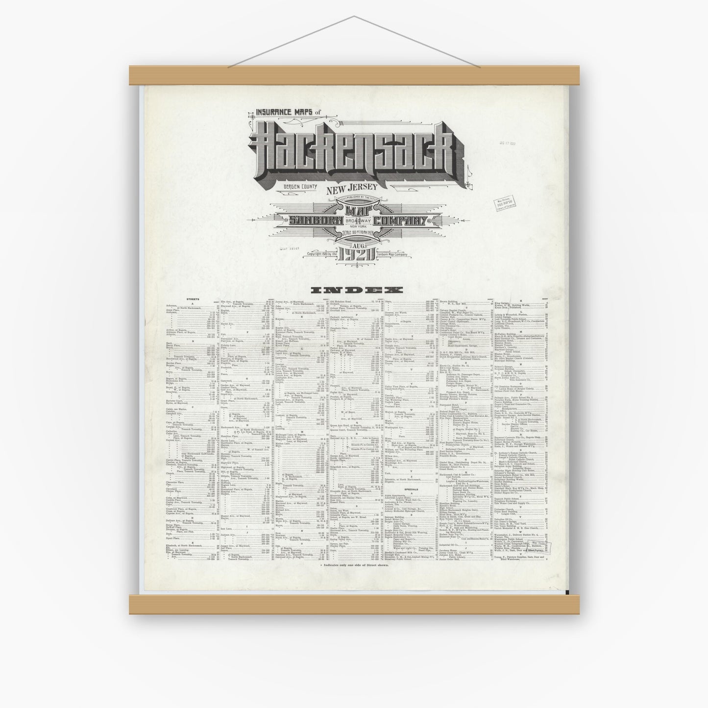 Old map wall art mockup — magnetic wood frame on white wall — Sanborn Fire Insurance Map from Hackensack, Bergen County, New Jersey (1920), Sheet #0001