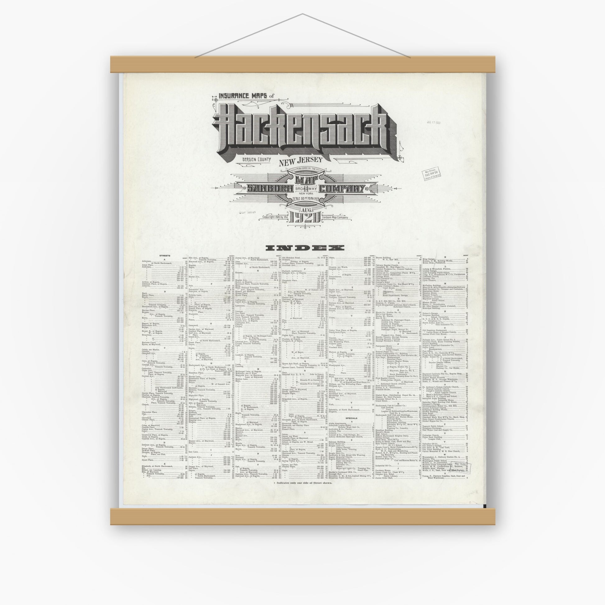 Old map wall art mockup — magnetic wood frame on white wall — Sanborn Fire Insurance Map from Hackensack, Bergen County, New Jersey (1920), Sheet #0001