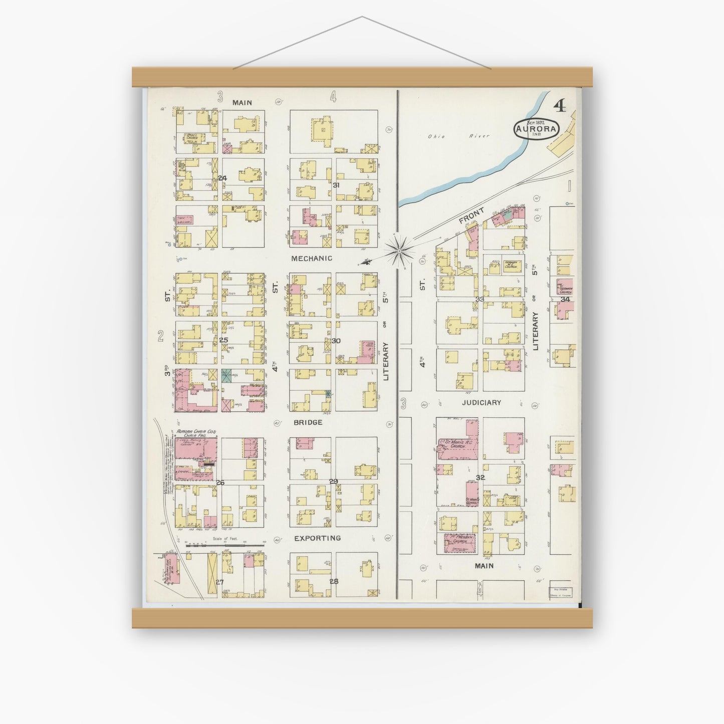 Old map wall art mockup — magnetic wood frame on white wall — Sanborn Fire Insurance Map from Aurora, Dearborn County, Indiana (1892), Sheet #0004