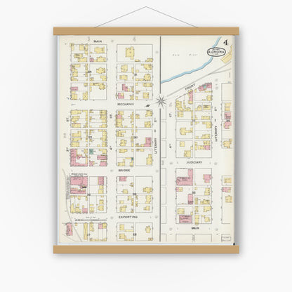 Old map wall art mockup — magnetic wood frame on white wall — Sanborn Fire Insurance Map from Aurora, Dearborn County, Indiana (1892), Sheet #0004