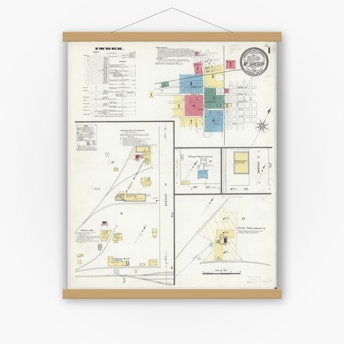 Old map wall art mockup — magnetic wood frame on white wall — Sanborn Fire Insurance Map from McGregor, McLennan County, Texas (1909) - Complete Map Set