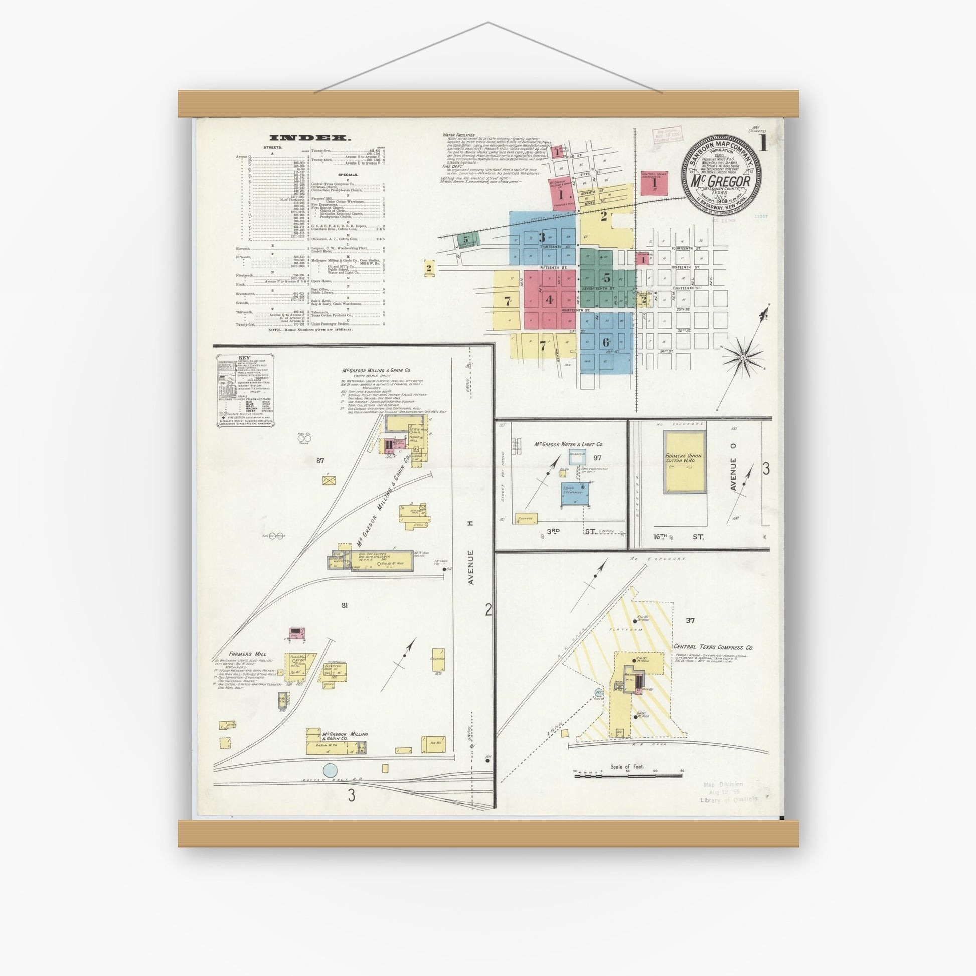 Old map wall art mockup — magnetic wood frame on white wall — Sanborn Fire Insurance Map from McGregor, McLennan County, Texas (1909) - Complete Map Set